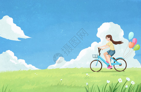 自行车气球春天骑行的女孩插画
