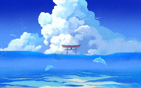 蓝色生物背景云海中的海豚插画