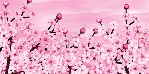 春天绽放的红色海棠花桃花背景插画