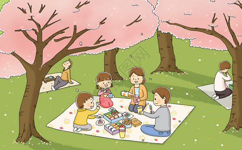 赏荷花的一家人一起赏樱花插画