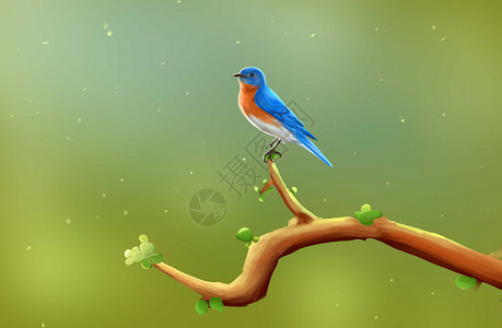 树枝上的鸟蓝色手绘枝头小鸟高清图片