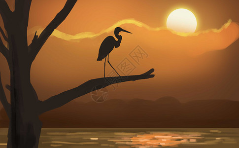 大雾湖面日出站在指头看日出的鹤插画