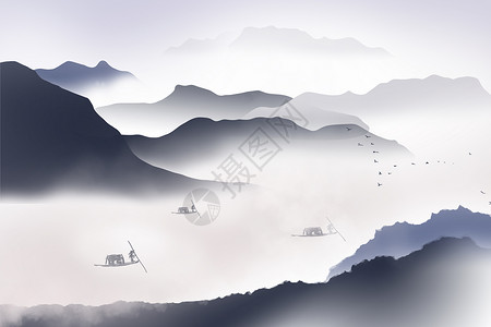 风光摄影黑白中国风山水画插画