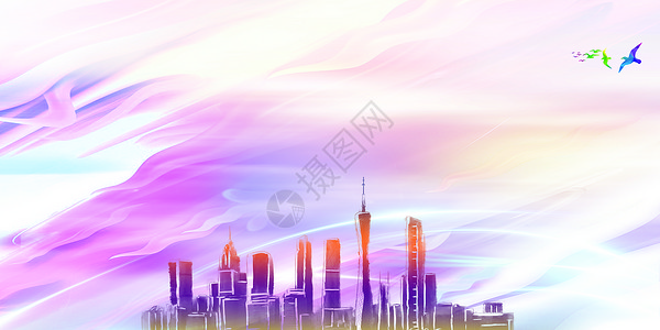 粉色手绘小兔子城市繁荣发展背景设计图片