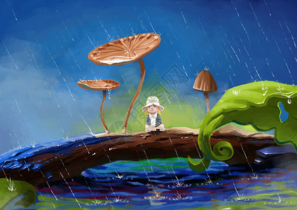 儿童涂雨中景插画