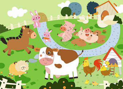 鸭小龙年轻的动物欢乐的农场插画
