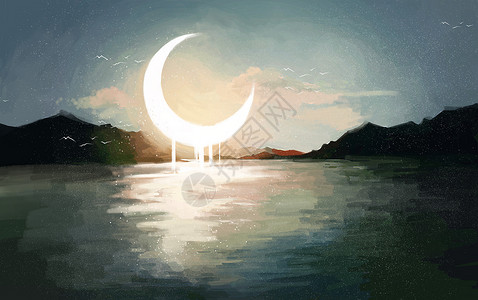 月牙月亮月亮河插画