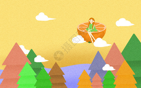 三角形花纹树木橙子女孩的森林插画