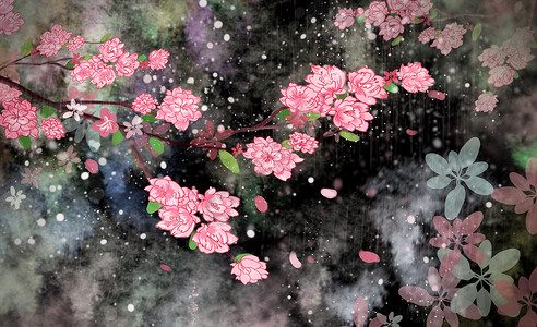 粉红梅花雨樱花夜背景素材壁纸插画