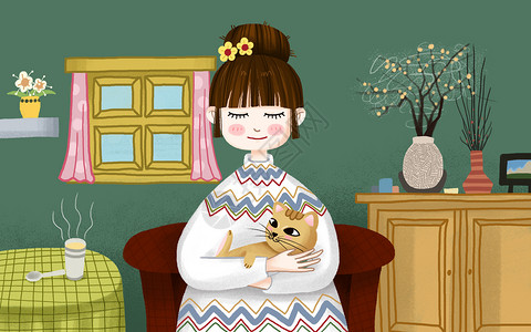 茶杯里猫抱着花猫的女孩插画