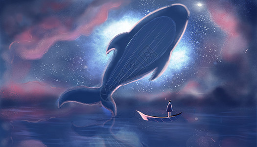 星州水沉星空中的鲸鱼插画