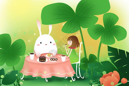 粉色兔子茶春天郊游野餐插画