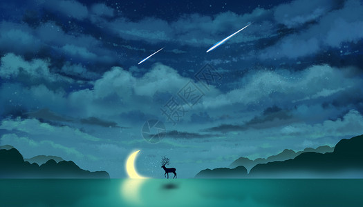 发光的星星空下的鹿与月亮唯美插画插画