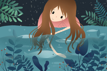 观赏鱼池鱼塘边的少女插画