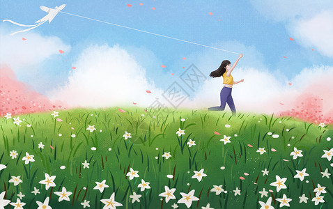 蓝天白云飞翔放风筝的女孩插画