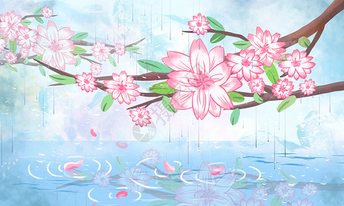 雨倒影河畔樱花插画