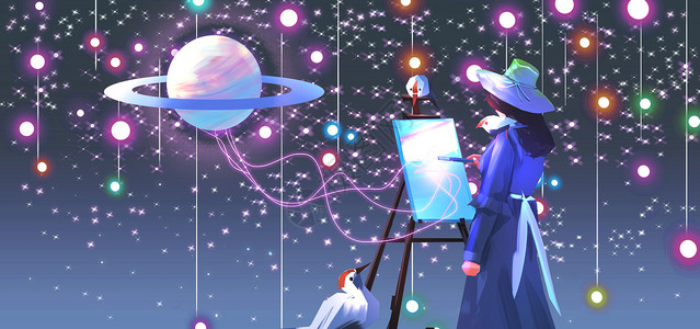 写生女孩星空下绘画插画