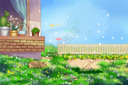 校园清新阳光明媚的草地阳光明媚的春日插画