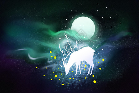 月亮下的麋鹿月下的梦幻麋鹿插画