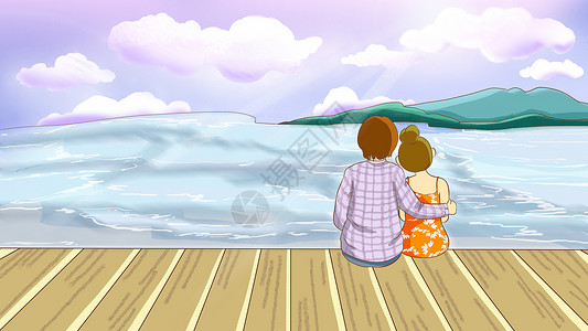 面朝海边的情侣插画