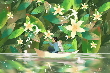 河边倒影坐小船的天使男孩插画