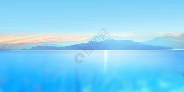 海上晚霞夕阳下的山脉设计图片