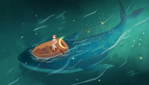 海划船女孩和鲸鱼插画