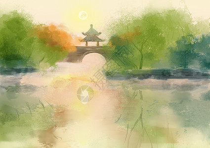 桥远景夕阳山水插画