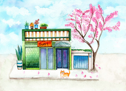 水彩手绘街景春天插画图片
