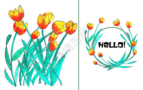 花朵橙色边框手绘水彩花朵插画