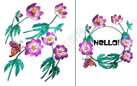 昆虫边框手绘水彩花朵插画