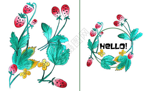 草莓花卉植物手绘水彩草莓插画