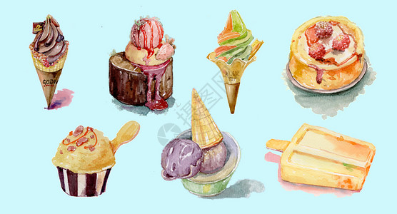 手绘糕点元素水彩冰淇淋系列合集插画