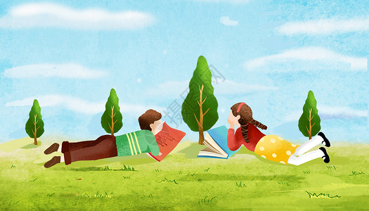 躺在草坪上看书插画