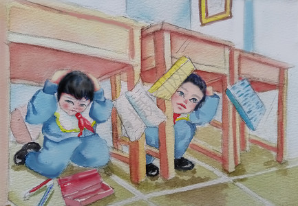 玩具城地震时学生们躲在桌子下插画