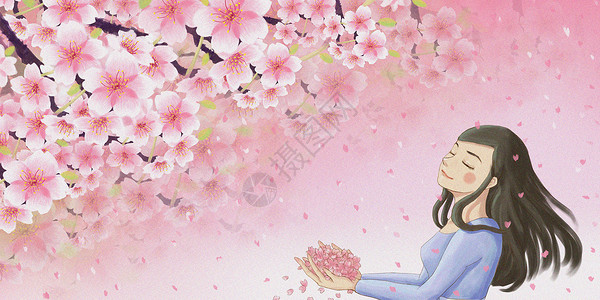 赏樱季节樱花与少女插画