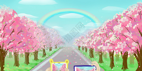 粉色鸡蛋花花蕾樱花盛放的郊外踏青插画