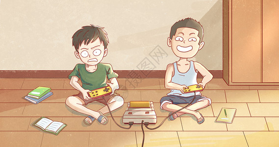 两个学生打游戏的小男孩插画
