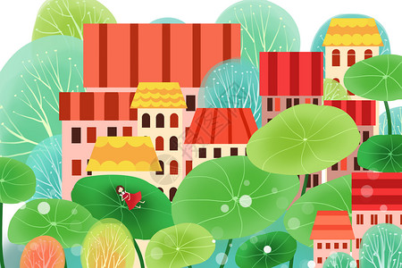童话故事绿色绿色城市家园插画