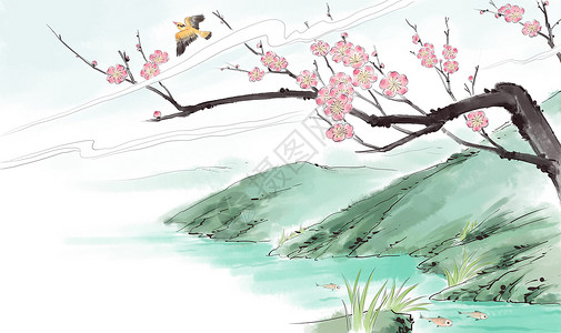 两个黄鹂中国风春天插画