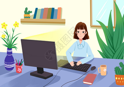 电脑办公环境办公室女生插画
