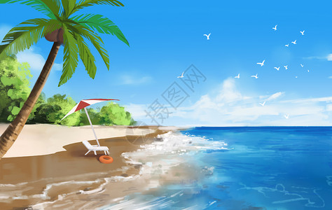 长叶型热带棕树碧海沙滩插画