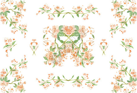 对称边角清新水彩橙绿花边组合背景素材插画