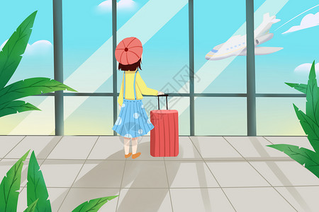 春运等候飞机女孩带行李箱去旅行插画