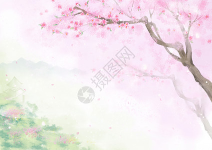 清新粉色水彩手绘桃花中国风背景插画