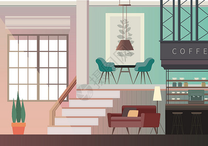 室内休闲咖啡店室内家具插画