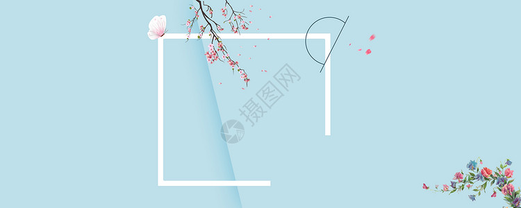樱花相框素材春天简约蓝色背景设计图片