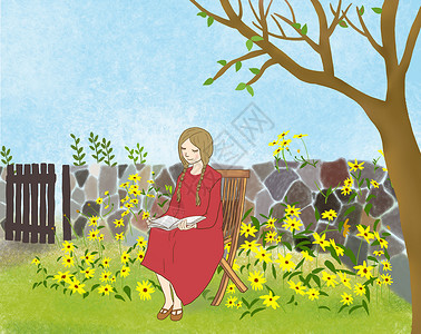 花园草花园看书的女孩插画