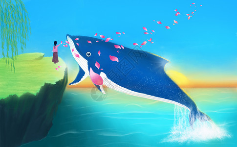 海豚尾巴海上鲸鱼插画
