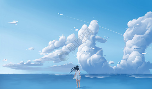 少女云天空背景图片